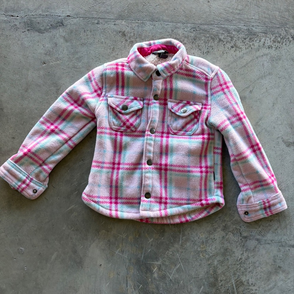 Eddie Bauer Kids Pink Blue Plaid Fleece Sherpa Lined Shirt Jacket Size 4/5